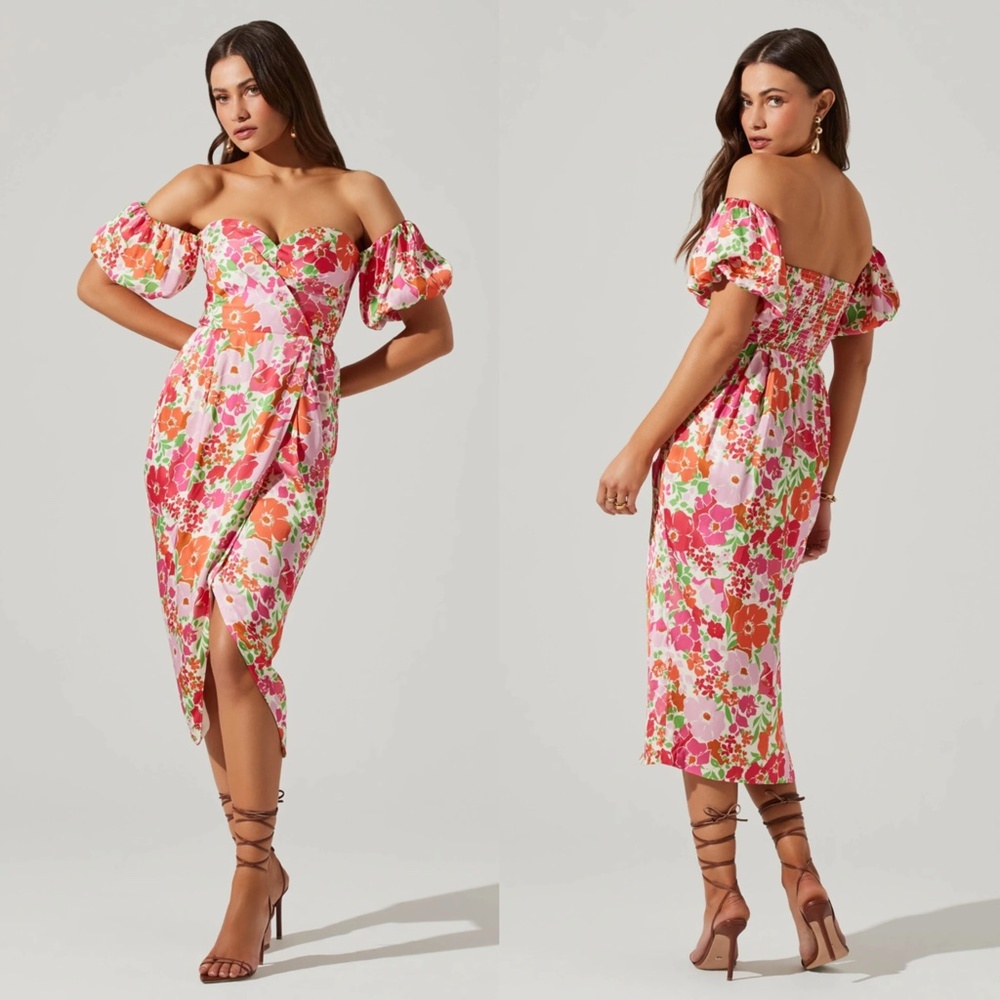 NEW ASTR the Label TROPICAL Floral ZURINA Off The Shoulder PLEATED Midi DRESS S